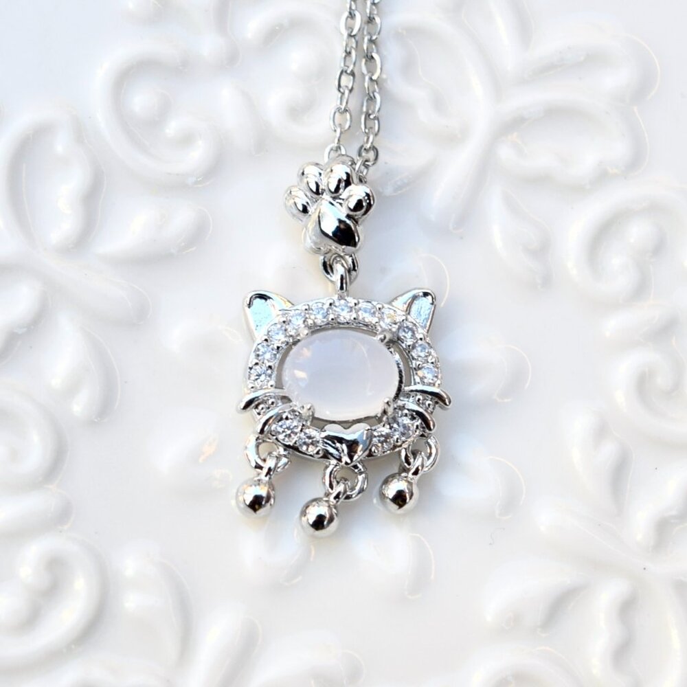 Cat Stone Lock Charm Necklace - Stainless Steel